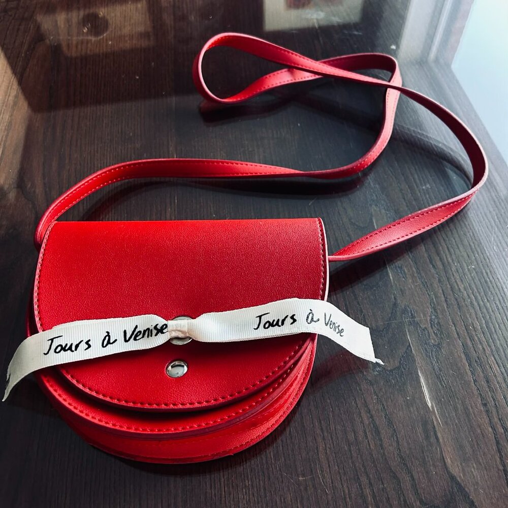 Jours à Venise Red Vegan Leather Mini Saddle Crossbody Bag with Ribbon Detail